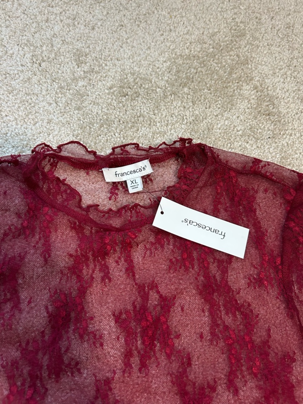 Francescas Collection Sheer Long-Sleeve Lace Top in Burgundy - Picture 2 of 5